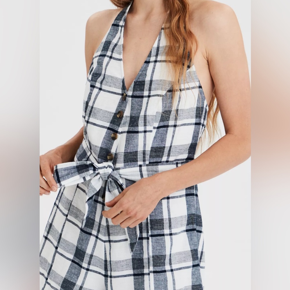 AE plaid button front romper
